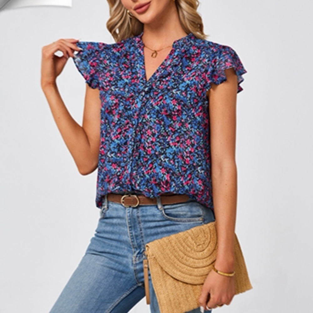 JASAMBAC Women plus size 2X Floral ruffle flutter sleeve button up Blue Blouse